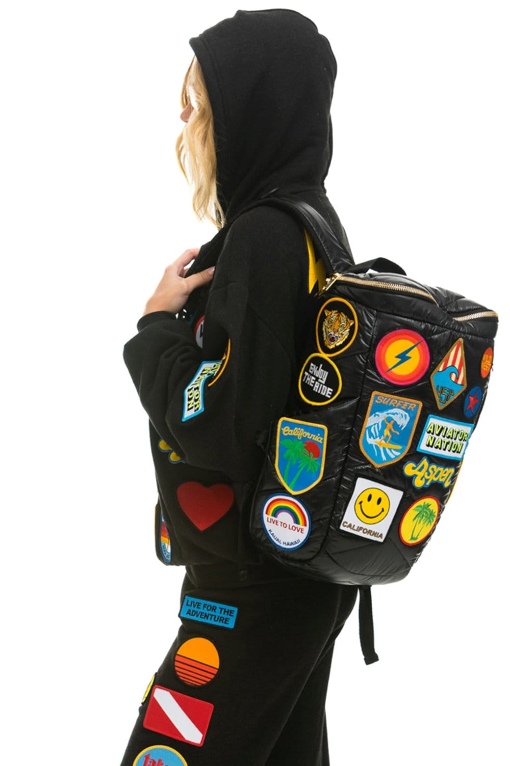 black backpack leather patches VINTAGE PATCH PUFFER BACKPACK