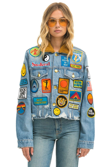 VINTAGE PATCH UNISEX CROP DENIM JACKET - SUPER LIGHT Women's Outerwear Aviator Nation