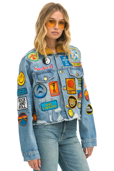 VINTAGE PATCH UNISEX CROP DENIM JACKET - SUPER LIGHT Women's Outerwear Aviator Nation