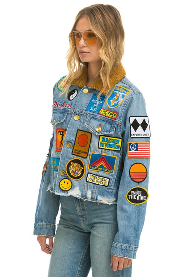 VINTAGE PATCH UNISEX CROP DENIM JACKET - SUPER LIGHT Women's Outerwear Aviator Nation