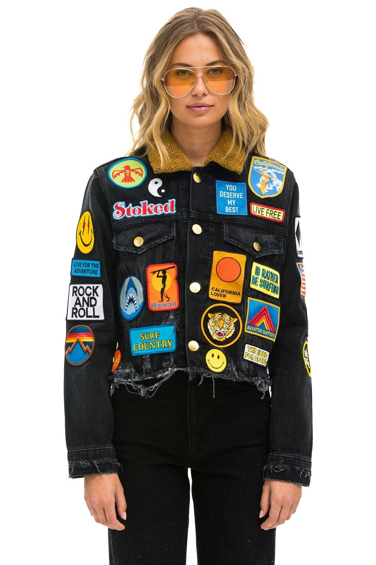 VINTAGE PATCH UNISEX CROP DENIM JACKET - VINTAGE BLACK Denim Jacket Aviator Nation