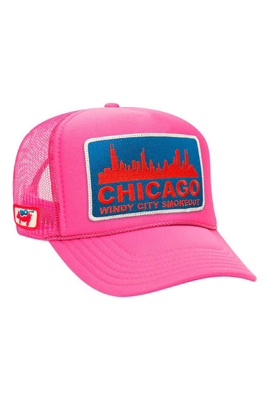 WINDY CITY SMOKEOUT 2024 VINTAGE LOW RISE TRUCKER Hats Aviator Nation Neon Pink