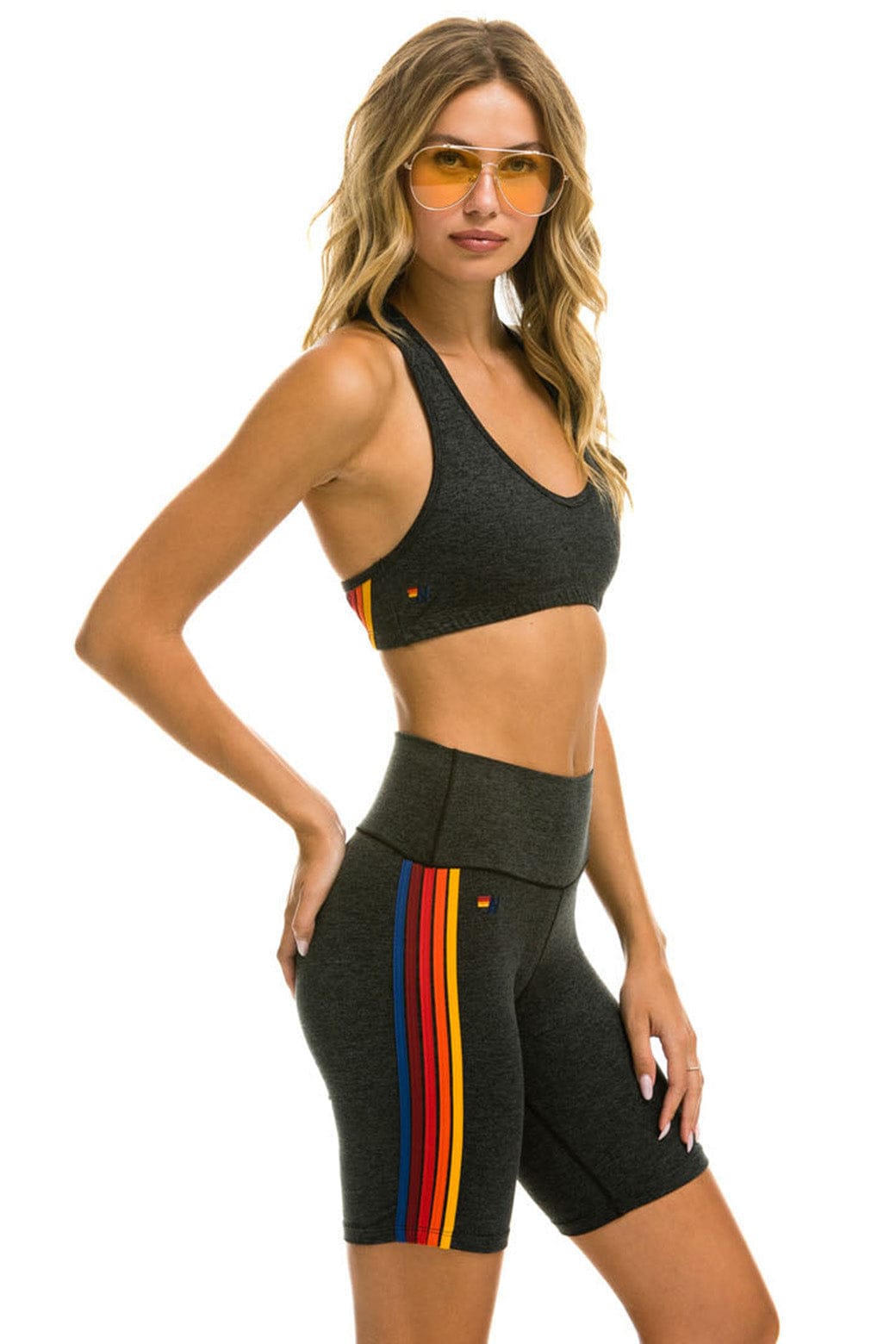 5 STRIPE RAINBOW 8 IN INSEAM HI-RISE BIKER SHORT - CHARCOAL Women's Shorts Aviator Nation
