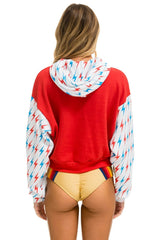 AVIATOR BOLT COLOR BLOCK W/ BOLT EMBROIDERY RELAXED CROPPED PULLOVER HOODIE - RED // USA SALE Aviator Nation