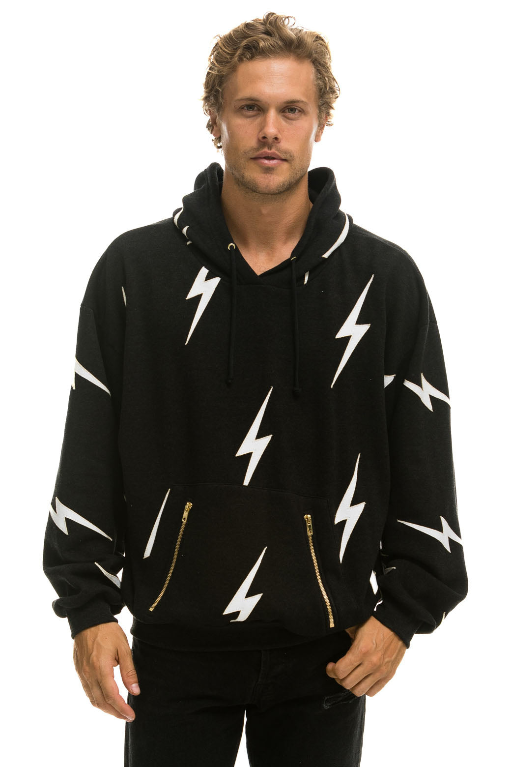 BOLT STITCH REPEAT RELAXED PULLOVER HOODIE WITH POCKET ZIPPERS - BLACK // WHITE Hoodie Aviator Nation 