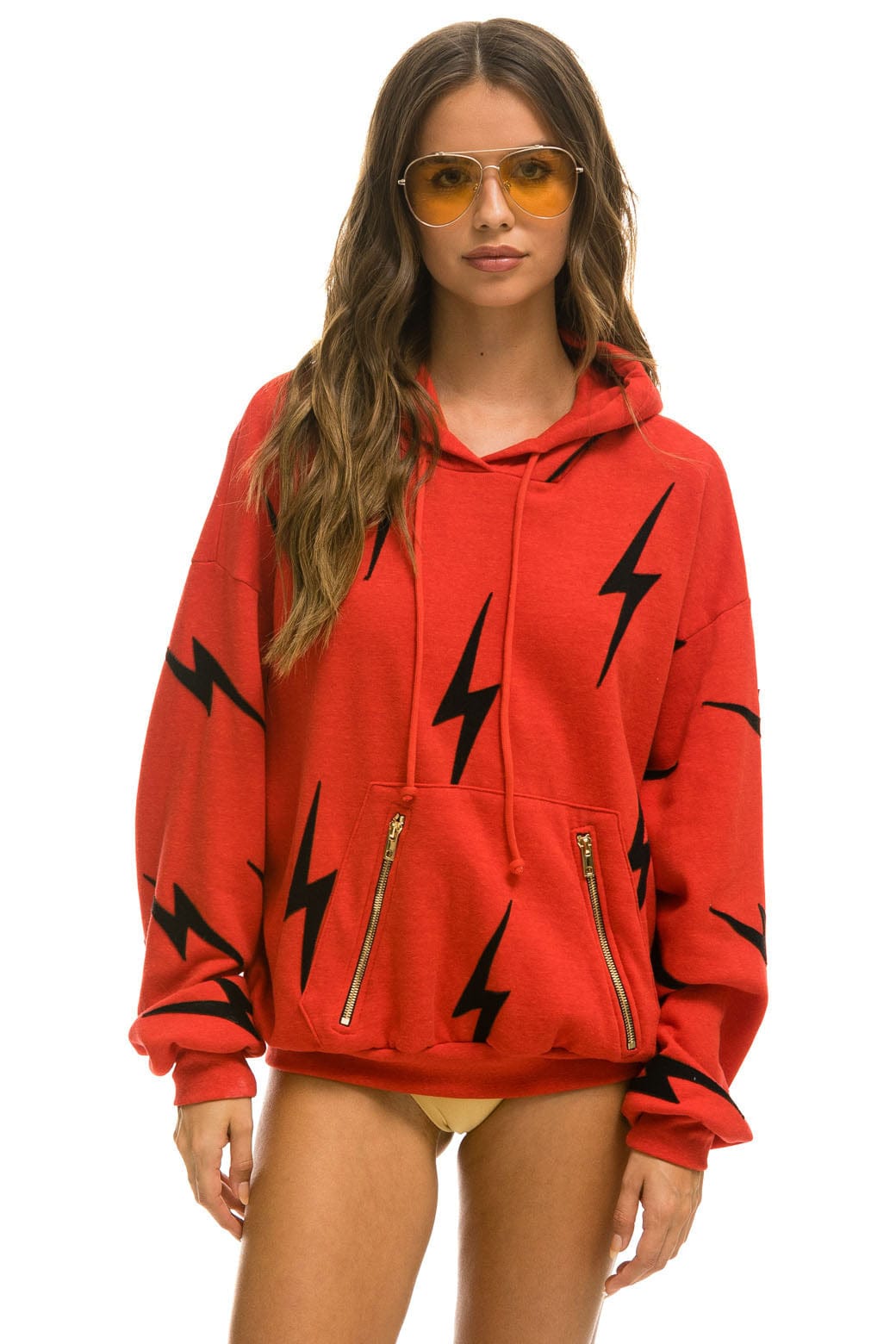 BOLT STITCH REPEAT RELAXED PULLOVER HOODIE WITH POCKET ZIPPERS - RED // BLACK Hoodie Aviator Nation