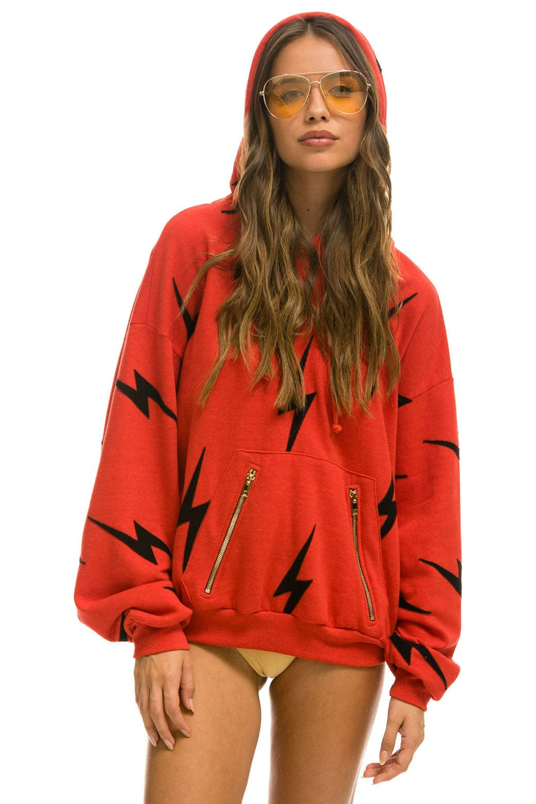 BOLT STITCH REPEAT RELAXED PULLOVER HOODIE WITH POCKET ZIPPERS - RED // BLACK Hoodie Aviator Nation