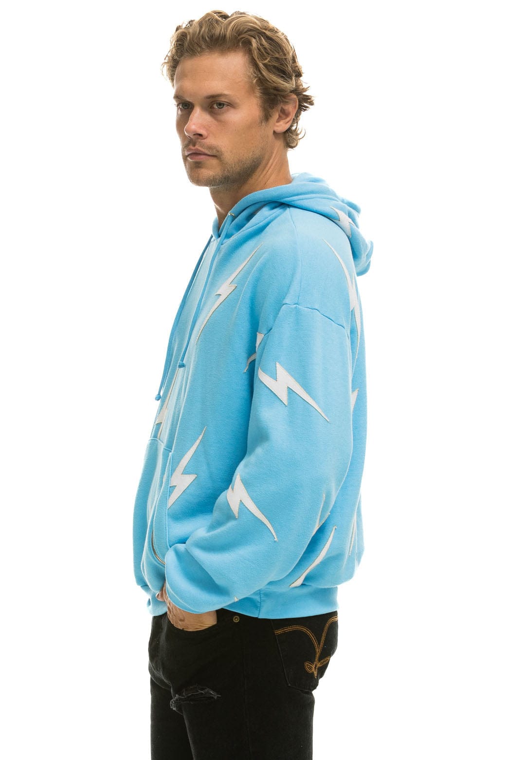 BOLT STITCH REPEAT RELAXED PULLOVER HOODIE WITH POCKET ZIPPERS - SKY // WHITE Hoodie Aviator Nation