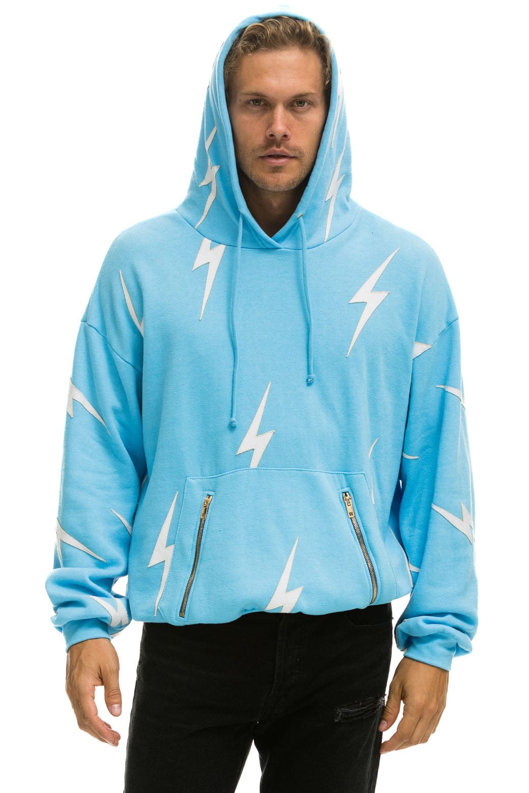 BOLT STITCH REPEAT RELAXED PULLOVER HOODIE WITH POCKET ZIPPERS - SKY // WHITE Hoodie Aviator Nation