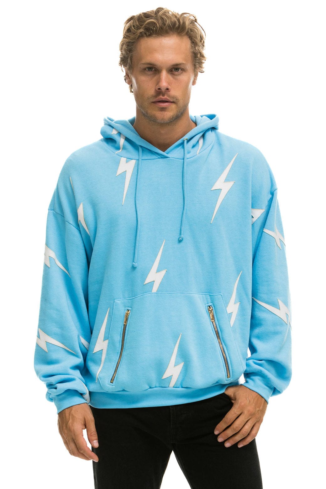BOLT STITCH REPEAT RELAXED PULLOVER HOODIE WITH POCKET ZIPPERS - SKY // WHITE Hoodie Aviator Nation