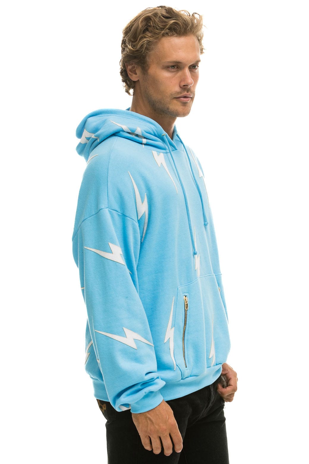 BOLT STITCH REPEAT RELAXED PULLOVER HOODIE WITH POCKET ZIPPERS - SKY // WHITE Hoodie Aviator Nation