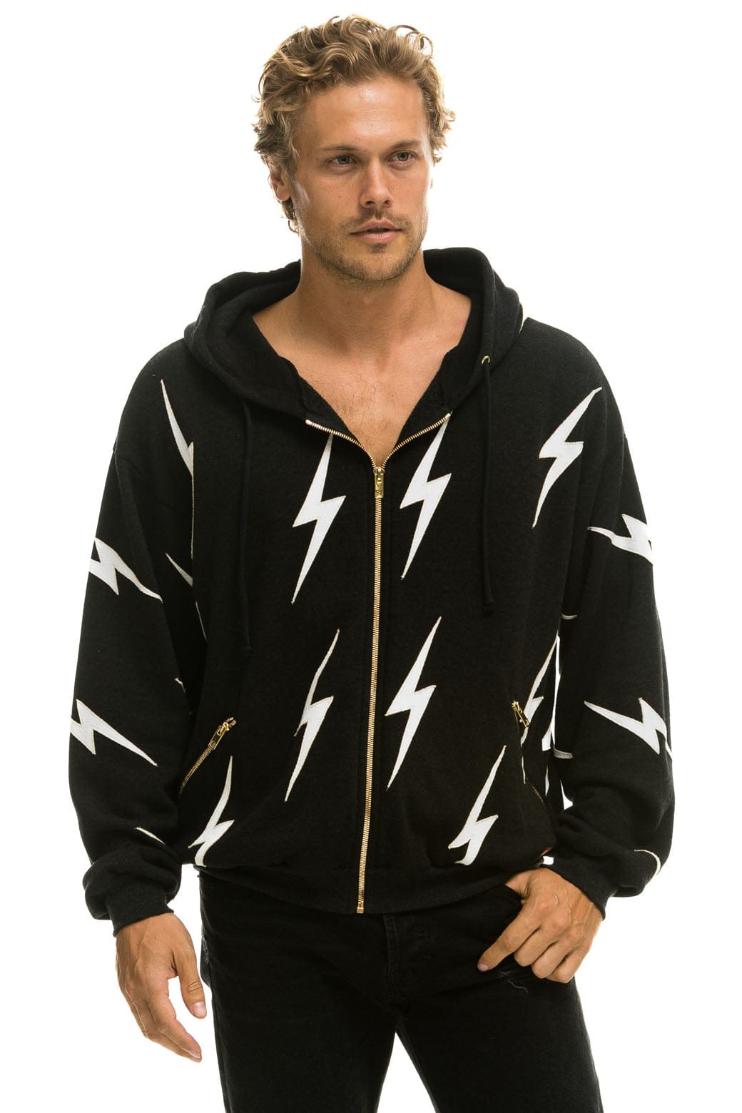 BOLT STITCH REPEAT RELAXED ZIP HOODIE WITH POCKET ZIPPERS- BLACK // WHITE Hoodie Aviator Nation
