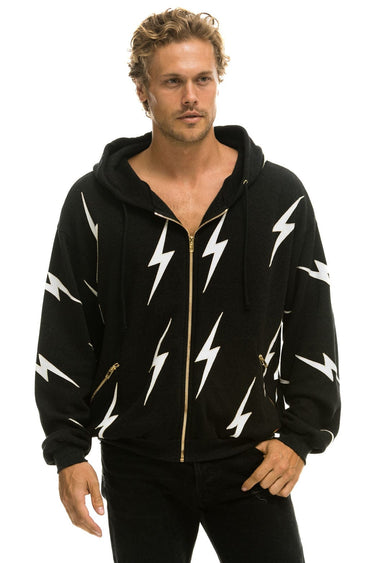 BOLT STITCH REPEAT RELAXED ZIP HOODIE WITH POCKET ZIPPERS- BLACK // WHITE Hoodie Aviator Nation