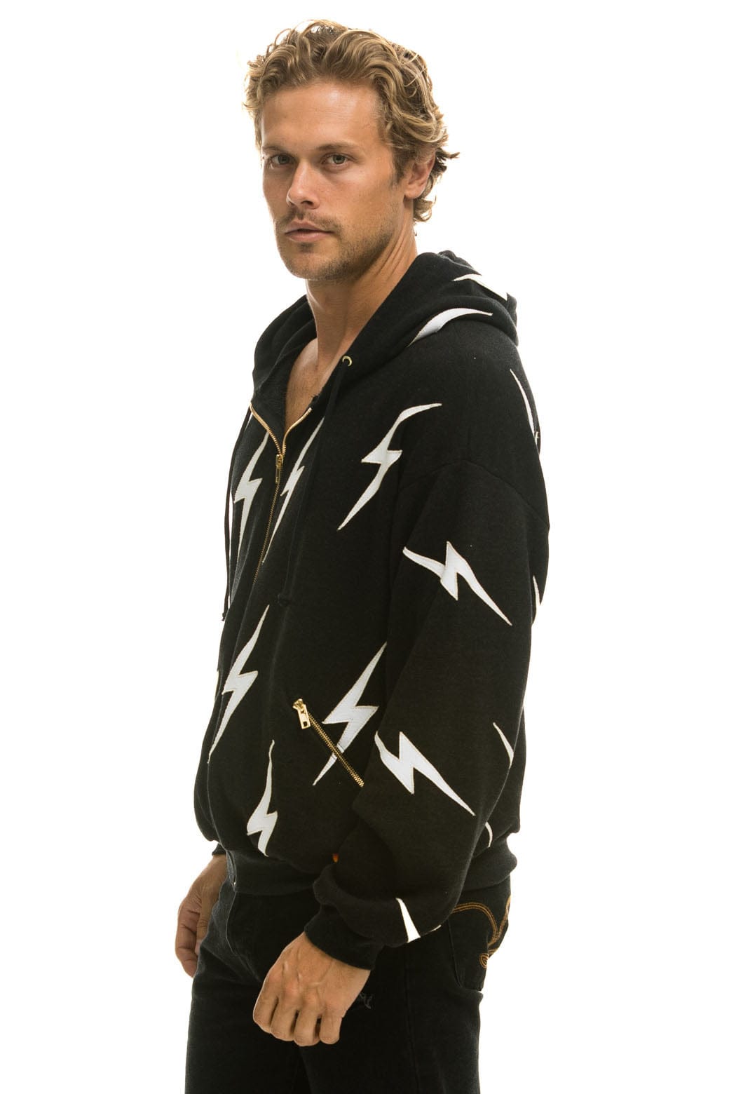 BOLT STITCH REPEAT RELAXED ZIP HOODIE WITH POCKET ZIPPERS- BLACK // WHITE Hoodie Aviator Nation