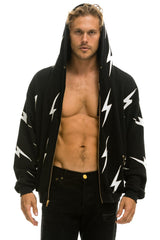 BOLT STITCH REPEAT RELAXED ZIP HOODIE WITH POCKET ZIPPERS- BLACK // WHITE Hoodie Aviator Nation