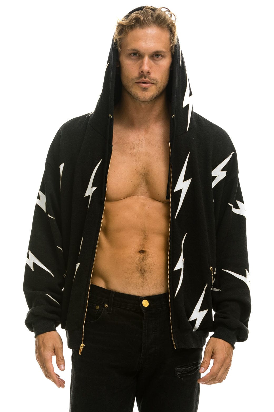 BOLT STITCH REPEAT RELAXED ZIP HOODIE WITH POCKET ZIPPERS- BLACK // WHITE Hoodie Aviator Nation