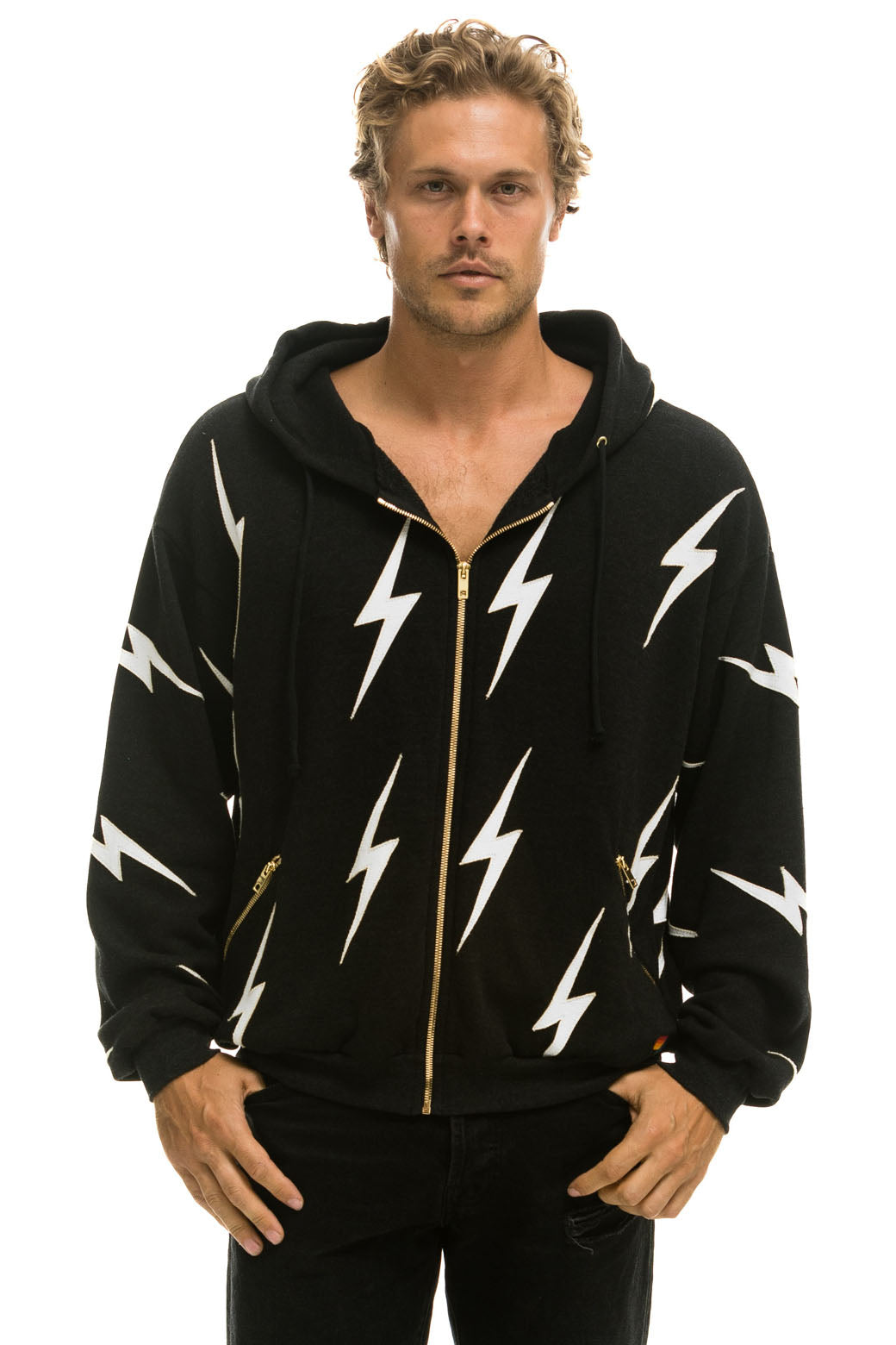 BOLT STITCH REPEAT RELAXED ZIP HOODIE WITH POCKET ZIPPERS- BLACK // WHITE Hoodie Aviator Nation 