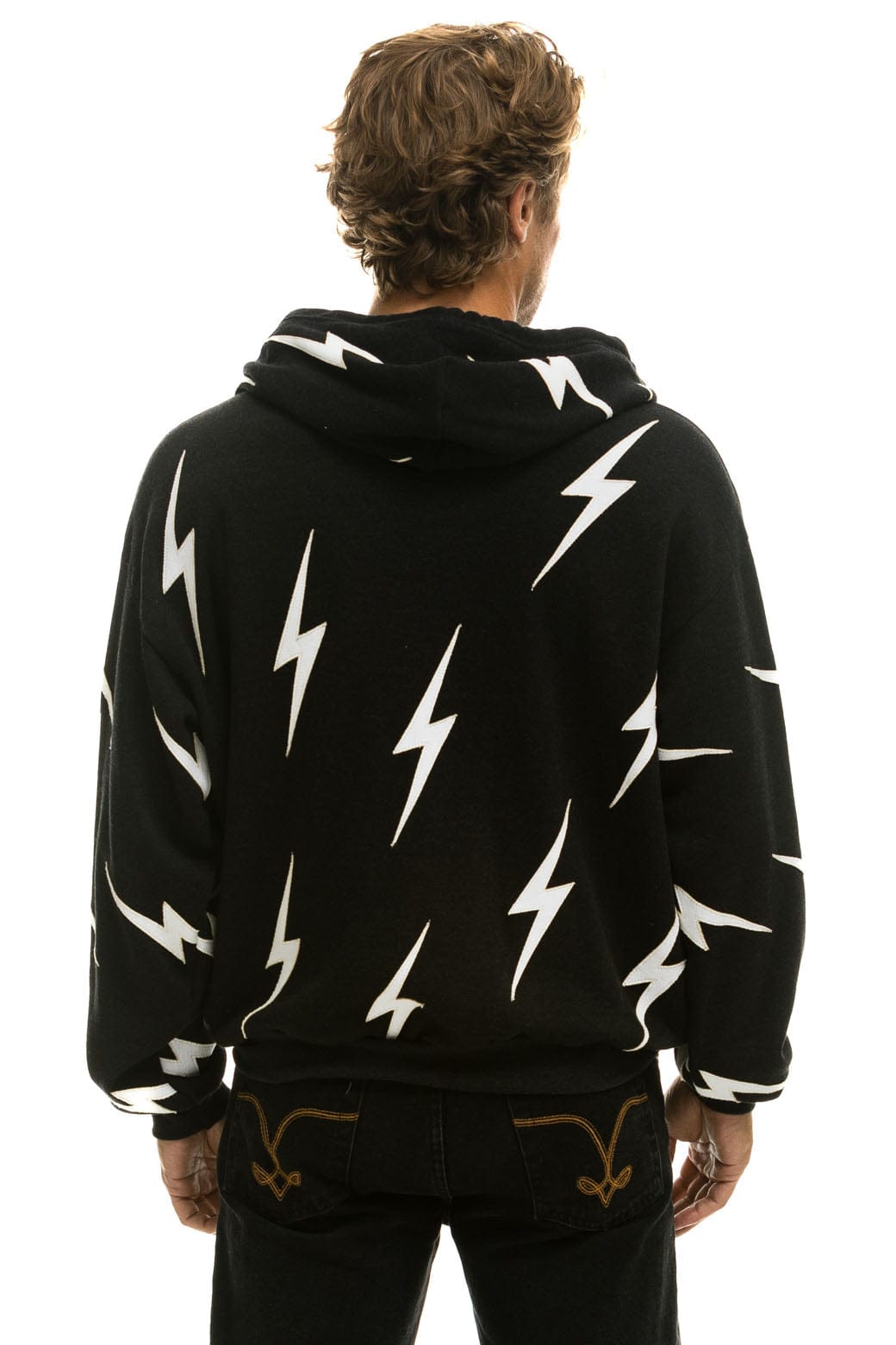 BOLT STITCH REPEAT RELAXED ZIP HOODIE WITH POCKET ZIPPERS- BLACK // WHITE Hoodie Aviator Nation
