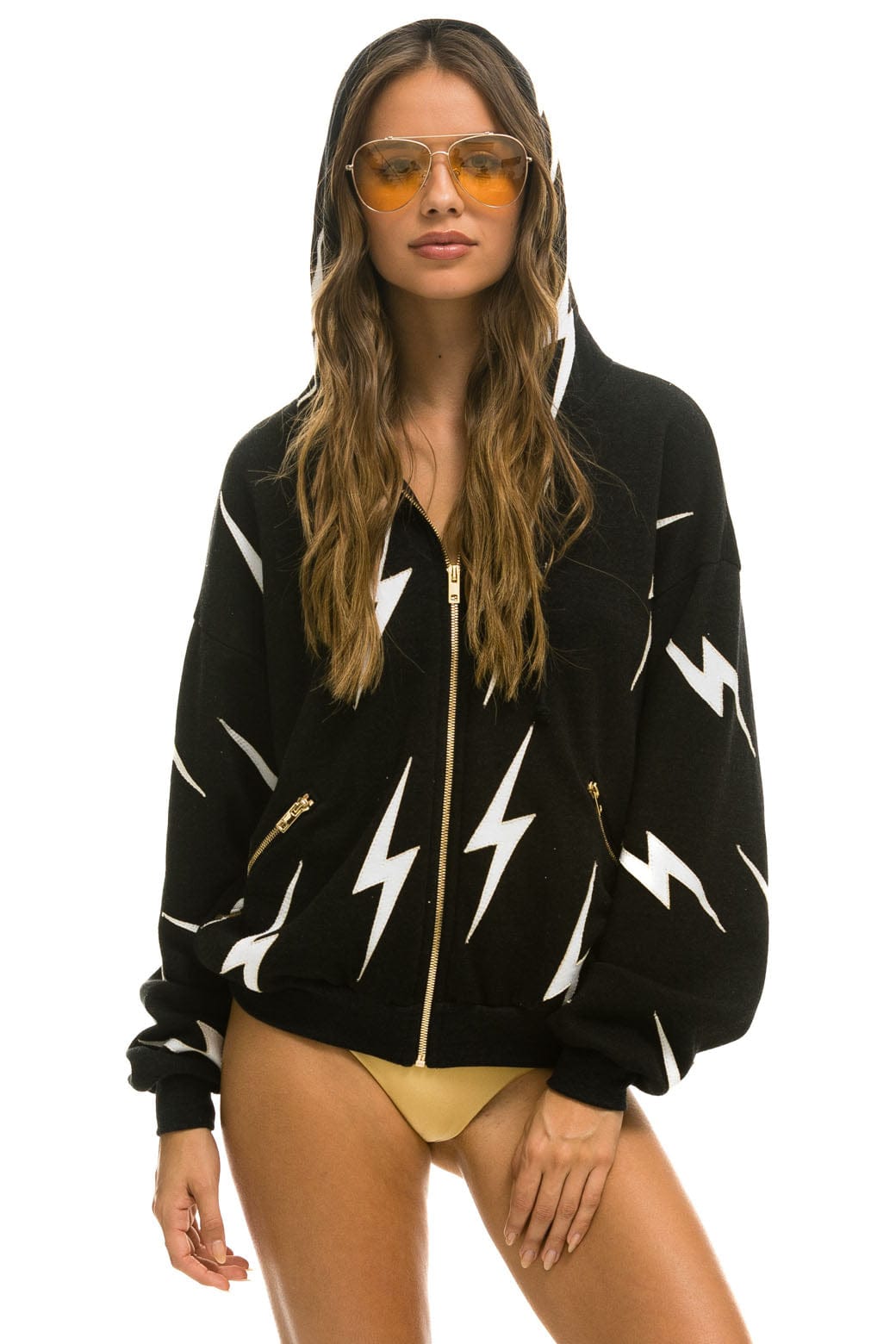 BOLT STITCH REPEAT RELAXED ZIP HOODIE WITH POCKET ZIPPERS- BLACK // WHITE Hoodie Aviator Nation
