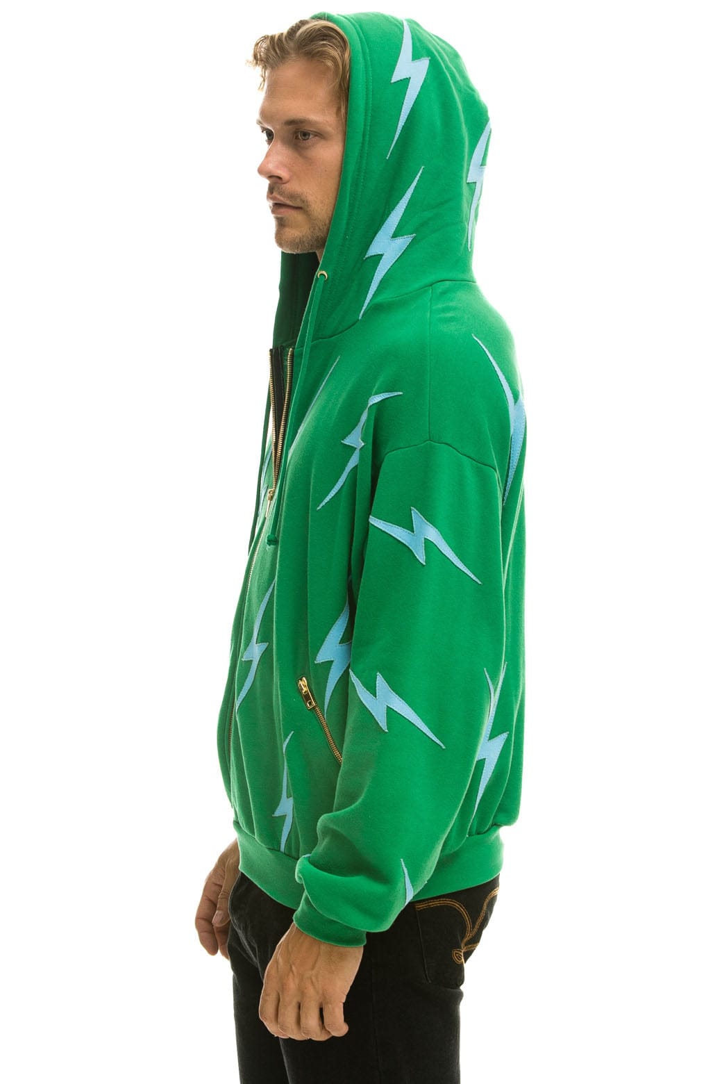 BOLT STITCH REPEAT RELAXED ZIP HOODIE WITH POCKET ZIPPERS - KELLY GREEN // BLUE Hoodie Aviator Nation