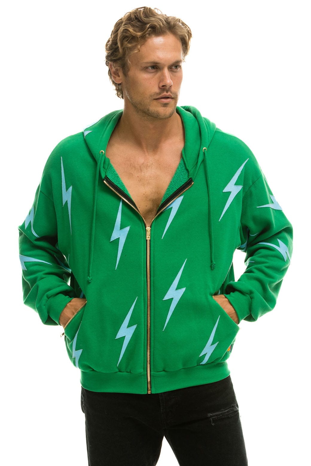 BOLT STITCH REPEAT RELAXED ZIP HOODIE WITH POCKET ZIPPERS - KELLY GREEN // BLUE Hoodie Aviator Nation