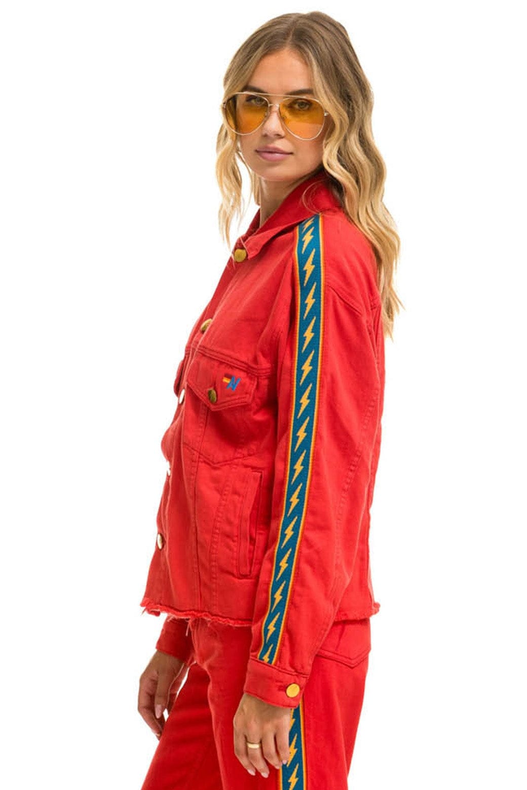 BOLT STRIPE OVERSIZED CUTOFF DENIM JACKET - RED Denim Jacket Aviator Nation