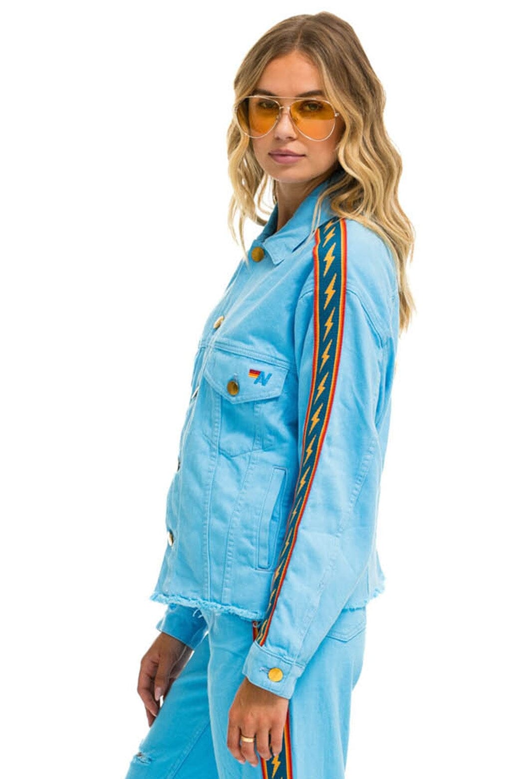 BOLT STRIPE OVERSIZED CUTOFF DENIM JACKET - SKY Denim Jacket Aviator Nation