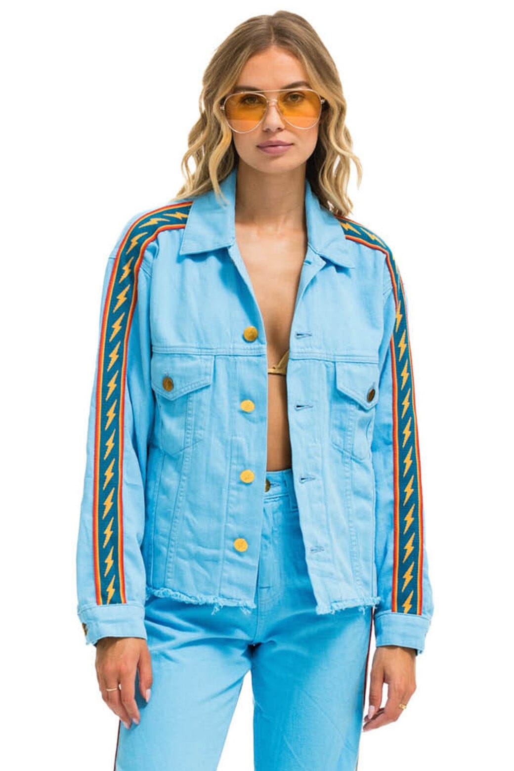BOLT STRIPE OVERSIZED CUTOFF DENIM JACKET - SKY Denim Jacket Aviator Nation