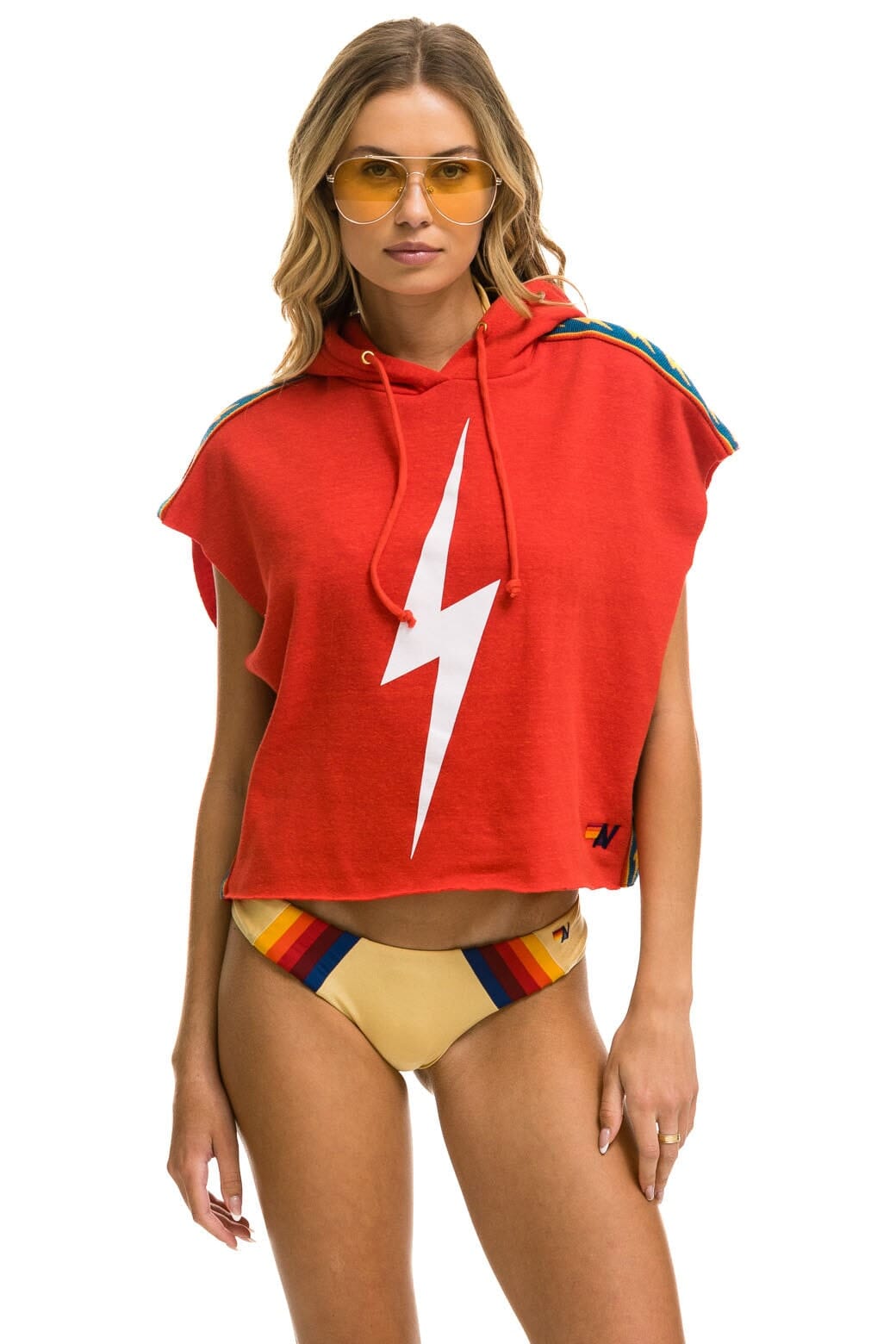 BOLT STRIPE SLEEVELESS RELAXED CROPPED PULLOVER HOODIE - RED Aviator Nation