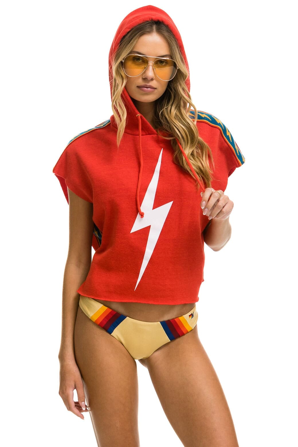 BOLT STRIPE SLEEVELESS RELAXED CROPPED PULLOVER HOODIE - RED Aviator Nation