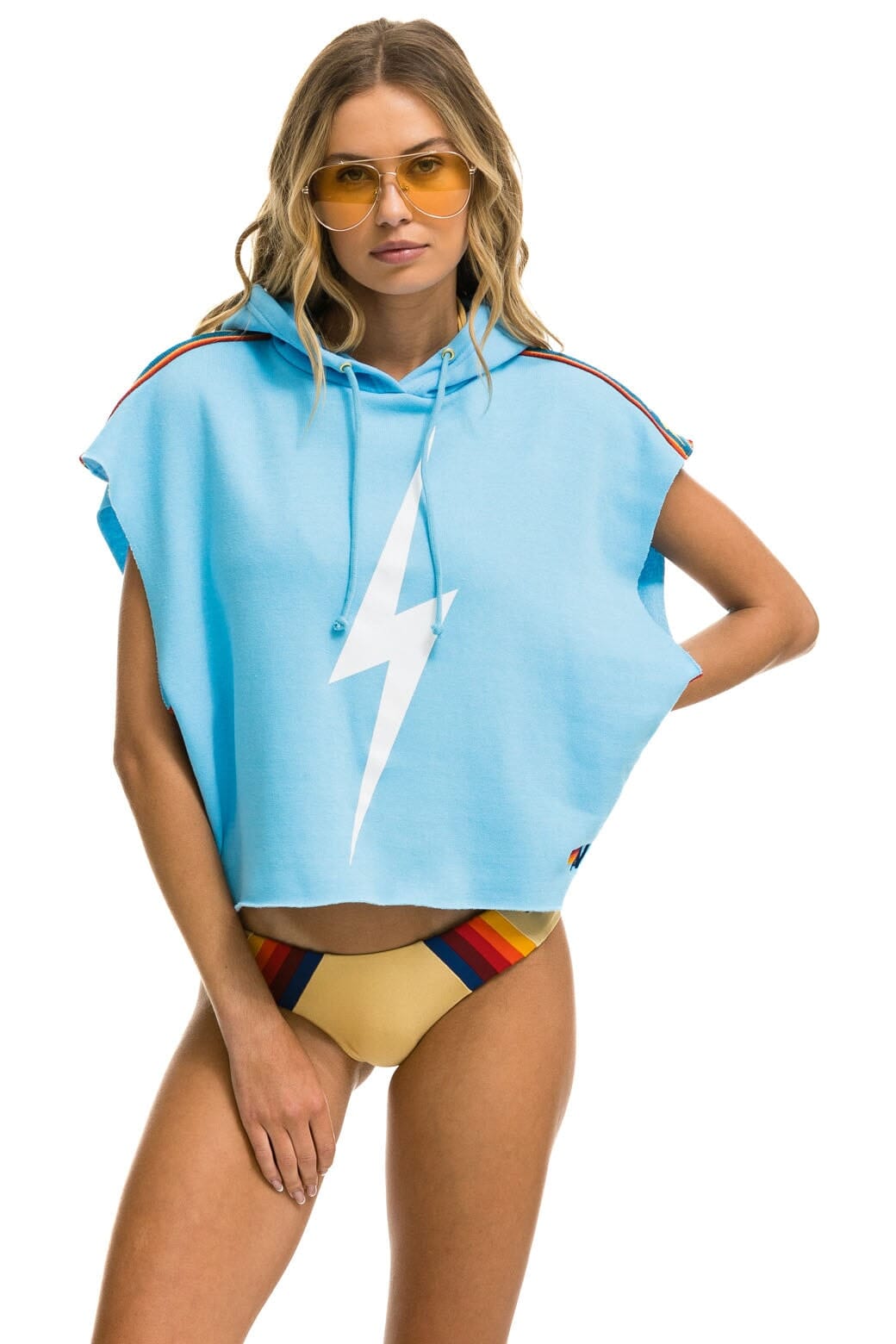 BOLT STRIPE SLEEVELESS RELAXED CROPPED PULLOVER HOODIE - SKY Aviator Nation