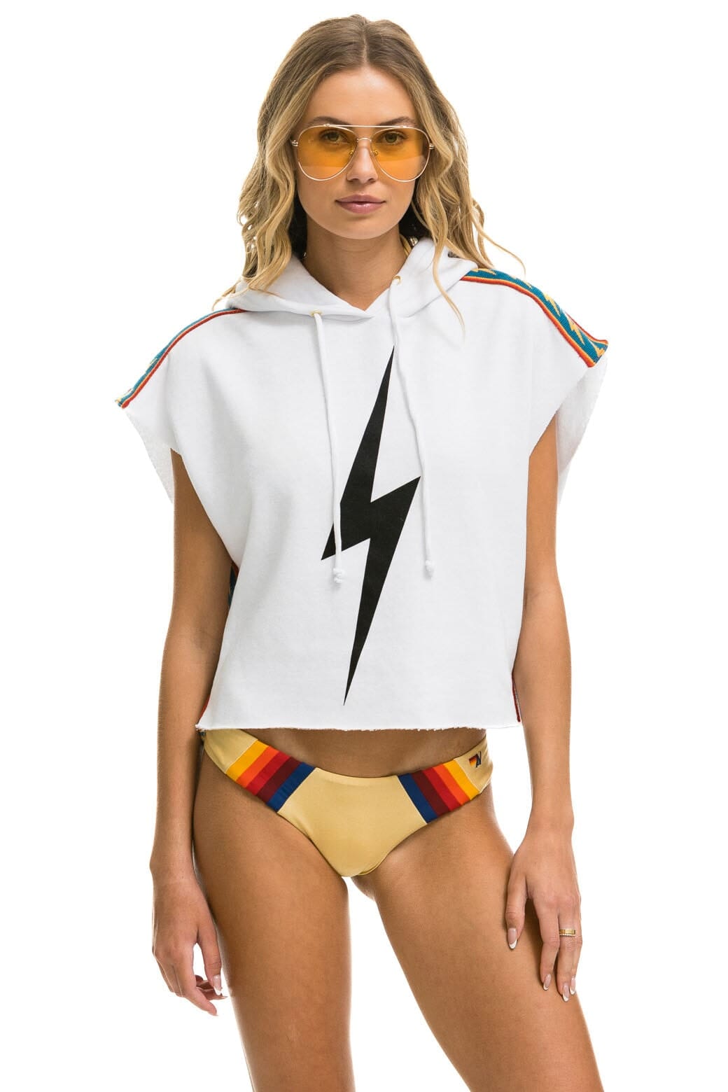 BOLT STRIPE SLEEVELESS RELAXED CROPPED PULLOVER HOODIE - WHITE Aviator Nation