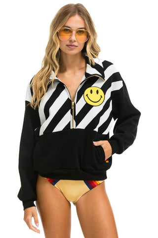 CAUTION SMILEY 2 EMBROIDERY FLEECE HALF ZIP SWEATSHIRT - BLACK // WHITE Sweatshirt Aviator Nation