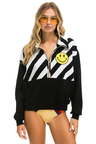 CAUTION SMILEY 2 EMBROIDERY FLEECE HALF ZIP SWEATSHIRT - BLACK // WHITE Sweatshirt Aviator Nation