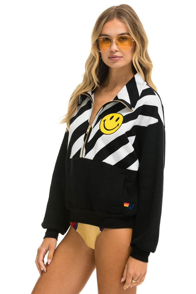 CAUTION SMILEY 2 EMBROIDERY FLEECE HALF ZIP SWEATSHIRT - BLACK // WHITE Sweatshirt Aviator Nation
