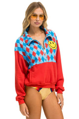 DIAMOND SMILEY 2 FLEECE HALF ZIP COLOR BLOCK SWEATSHIRT - RED // SKY SALE Aviator Nation