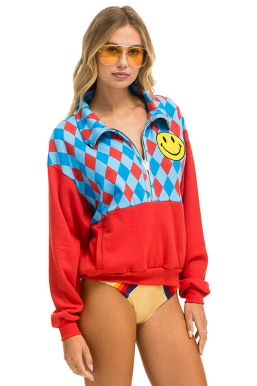 DIAMOND SMILEY 2 FLEECE HALF ZIP COLOR BLOCK SWEATSHIRT - RED // SKY SALE Aviator Nation