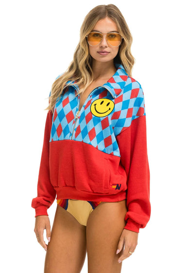 DIAMOND SMILEY 2 FLEECE HALF ZIP COLOR BLOCK SWEATSHIRT - RED // SKY SALE Aviator Nation