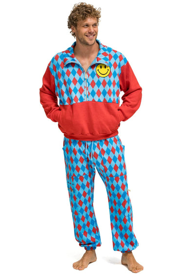 DIAMOND SMILEY 2 FLEECE UNISEX HALF ZIP COLOR BLOCK JACKET - RED // SKY Sweatshirt Aviator Nation