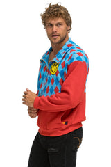 DIAMOND SMILEY 2 FLEECE UNISEX HALF ZIP COLOR BLOCK JACKET - RED // SKY Sweatshirt Aviator Nation