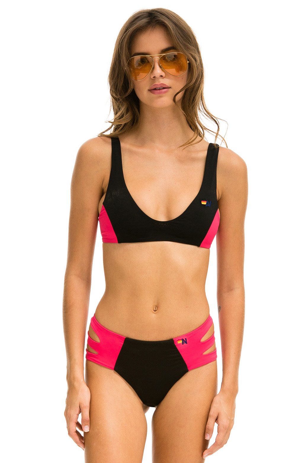 HI-WAISTED SIDE CUT OUT COLOR BLOCK FULL COVERAGE BRIEF BIKINI BOTTOMS - BLACK // RED Swim Aviator Nation 