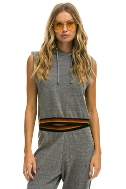 LOGO STRIPE RELAXED SLEEVELESS CROP PULLOVER HOODIE - HEATHER GREY Hoodie Aviator Nation