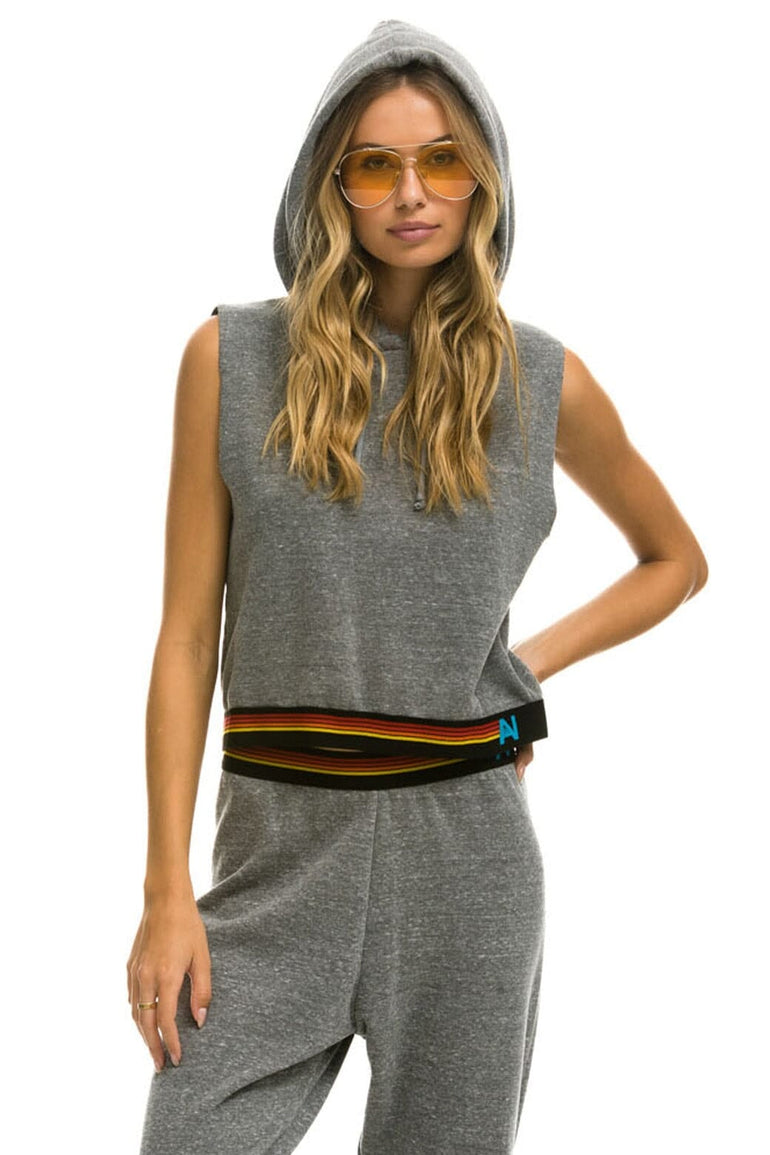 LOGO STRIPE RELAXED SLEEVELESS CROP PULLOVER HOODIE - HEATHER GREY Hoodie Aviator Nation