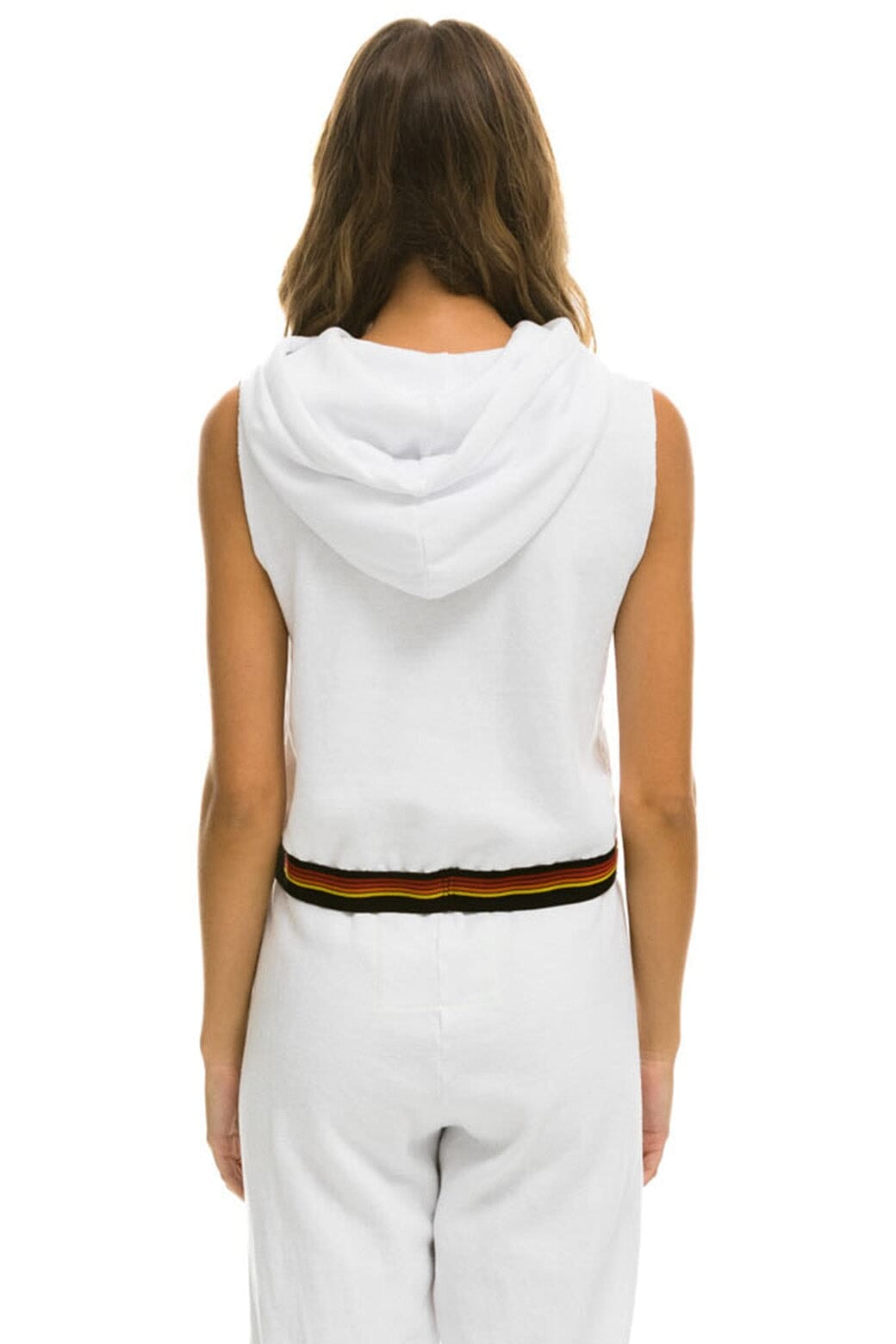LOGO STRIPE RELAXED SLEEVELESS CROP PULLOVER HOODIE - WHITE Hoodie Aviator Nation