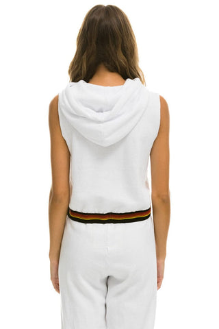 LOGO STRIPE RELAXED SLEEVELESS CROP PULLOVER HOODIE - WHITE Hoodie Aviator Nation
