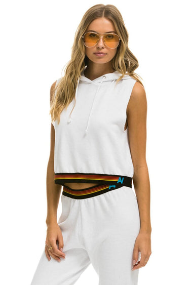 LOGO STRIPE SLEEVELESS CROP PULLOVER HOODIE - WHITE Hoodie Aviator Nation