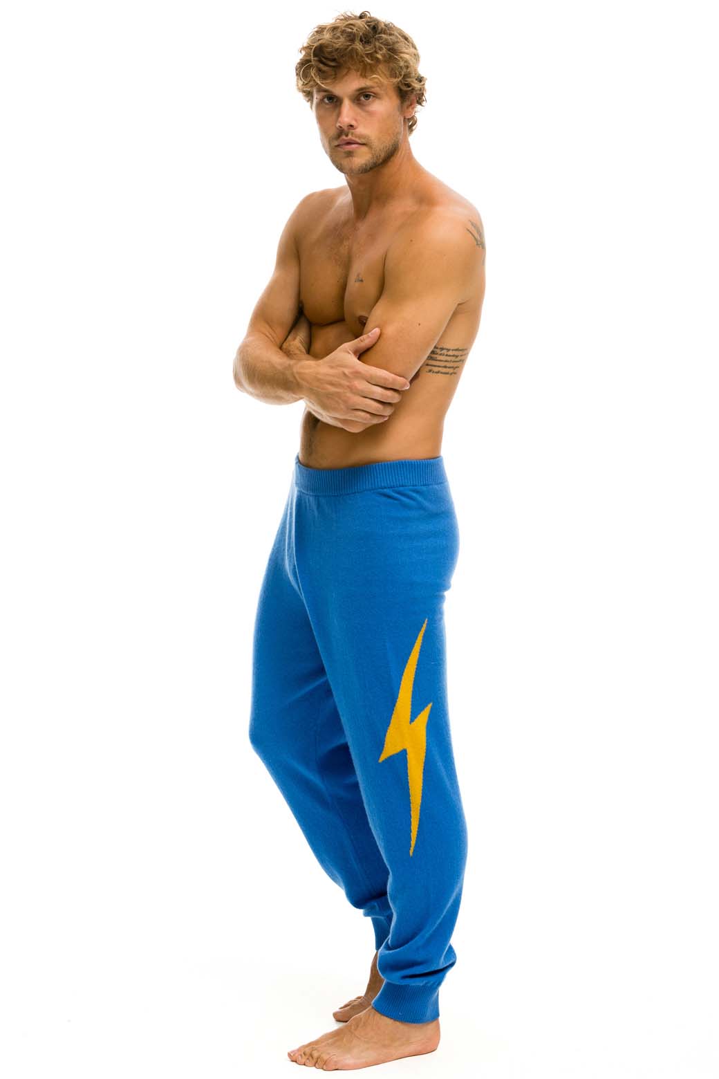 MEN'S BOLT CASHMERE LIGHT SWEATER PANT - VINTAGE BLUE // GOLD BOLT Men's Sweatpants Aviator Nation 