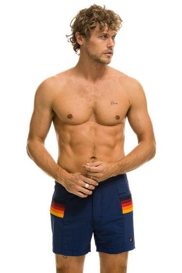 MEN'S HORIZONTAL 5 STRIPE FLEX SHORTS - NAVY Men's Board Shorts Aviator Nation
