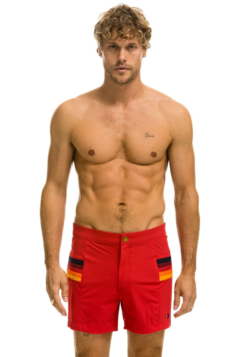 MEN'S HORIZONTAL 5 STRIPE FLEX SHORTS - RED Men's Board Shorts Aviator Nation