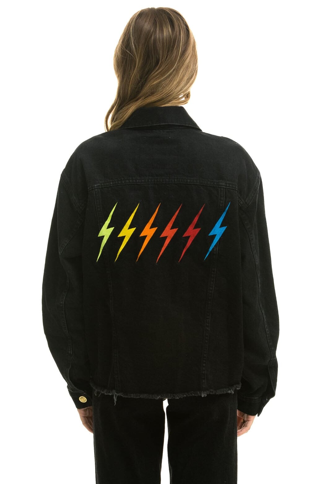RAINBOW BOLT OVERSIZED CROP DENIM JACKET VINTAGE BLACK – Aviator